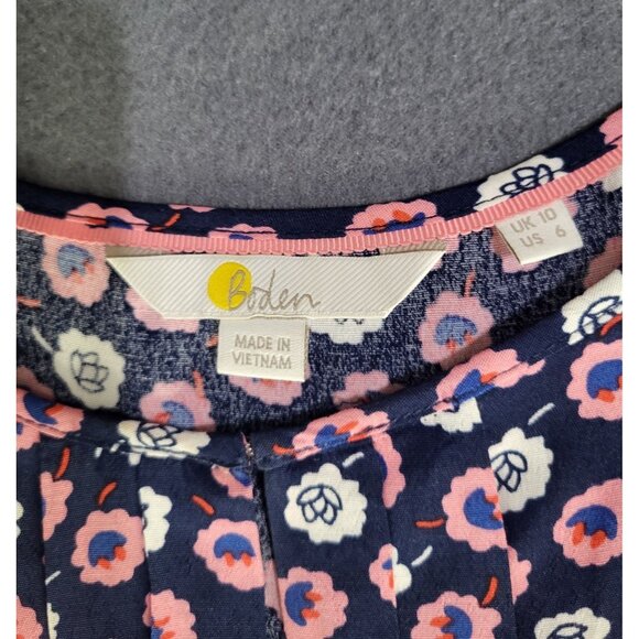BODEN Womens SZ 6 Pleat Front Top Azalea Floral Print Keyhole Blouse Navy Pink - Picture 6 of 7